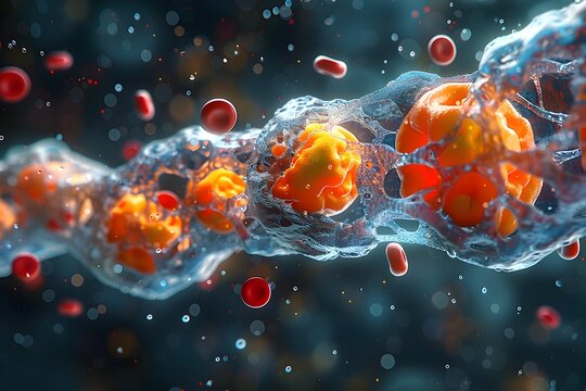 Microscopic Showcasing the Intricate Production of Red Blood Cells within Bone Marrow Revealing the Vital Circulatory Processes with a Semi Style and