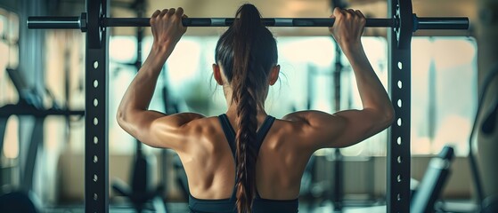 Woman doing lat pulldown exercise to strengthen back muscles in a fitness routine. Concept Fitness Routine, Lat Pulldown Exercise, Strengthen Back Muscles, Woman Workout, Gym Training - obrazy, fototapety, plakaty