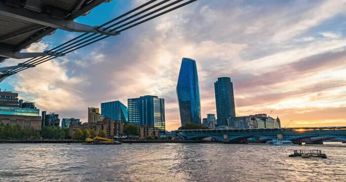 4K Footage Day to night Time lapse of The One Blackfriars area with Millennium and Blackfriars Bridge with glass office building riverbank in central london,United Kingdom,Business and finance concept
