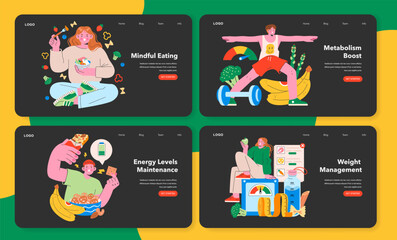 Nutritional Habits series. Emphasizing mindful eating, metabolism boost, energy level maintenance, and weight management through diet. Vector illustration