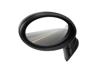 A rear view mirror with a picture of the road in it, transparent background