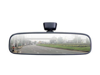A rear view mirror with a picture of the road in it, transparent background