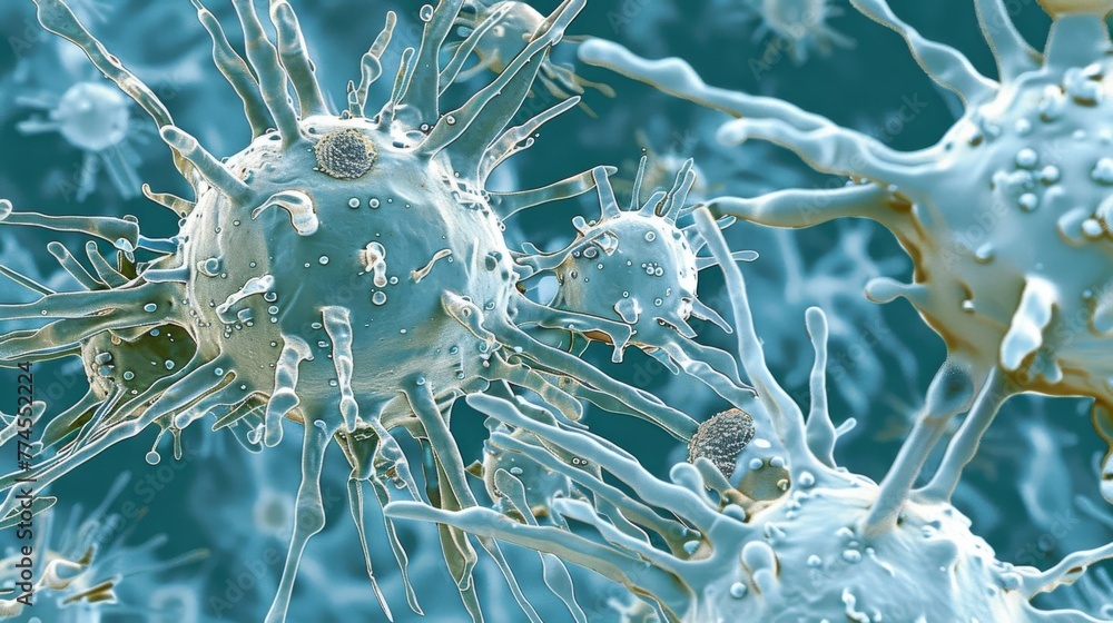 Poster A microscopic image of a white cell in the process of phagocytosis extending its cytoplasm around a group of invading pathogens.