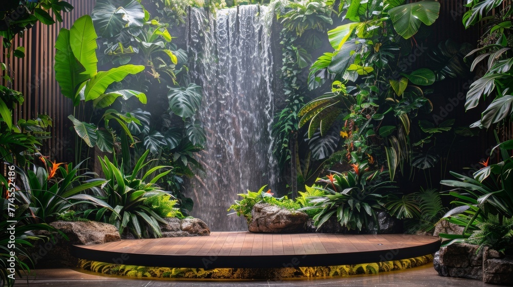 Poster bring the serene energy of a rainforest into your event with a cascade podium featuring lush greener