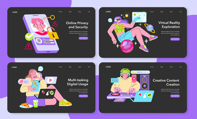Digital Proficiency Series set. Dynamic visuals of online privacy, VR adventures, multitasking with tech, and creative content generation. Celebrating digital fluency. Vector illustration - 774552436