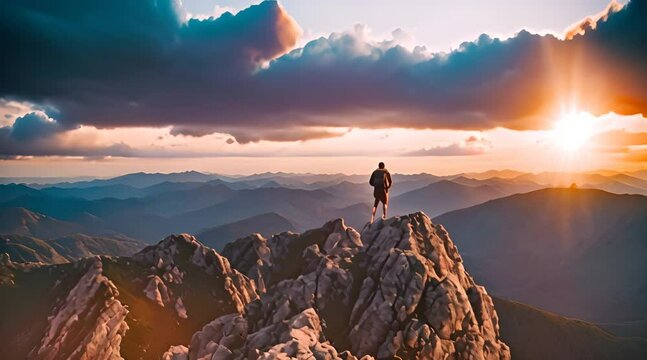 HIker Standing on Top of a Mountain Peak Looking at Sunset Adventure Spirit Success Nature Beauty