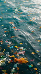 Obraz na płótnie Canvas Sunlit plastic debris floating on the ocean’s surface, highlighting the urgent issue of marine pollution.