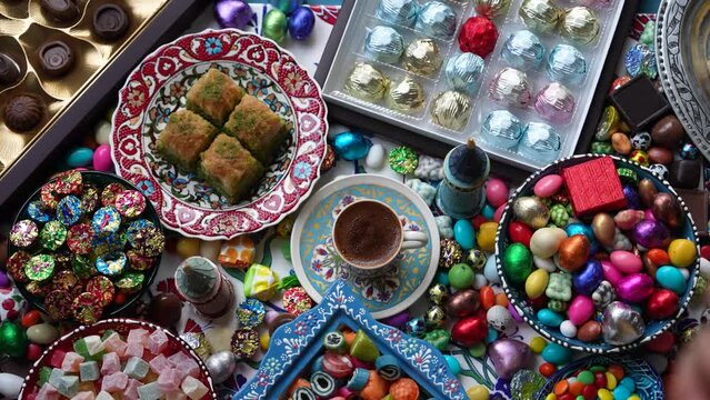 Colorful Ramadan Feast Candy and Chocolate Video in Traditional Ottoman Cuisine Desserts, Eid Celebration Video Among Family with Sugar and Chocolate, &Uuml;sk&uuml;dar Istanbul, Turkiye (Turkey)