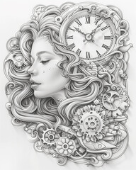 Portrait of a girl in steampunk style with mechanisms, gears, watch dials. made in the style of a page for a coloring book.