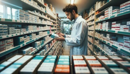 Drugstore pharmacist checking medicine inventory, focused on stock management - obrazy, fototapety, plakaty
