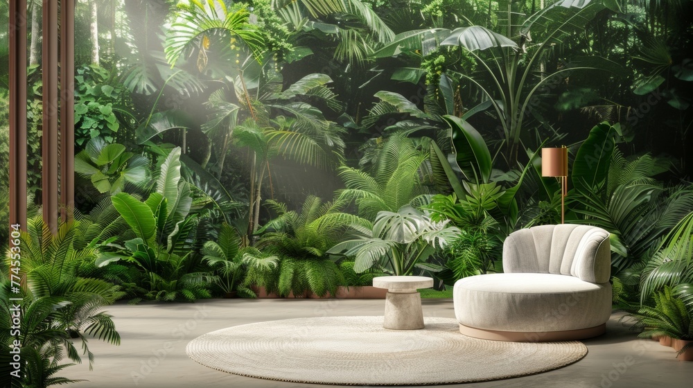 Poster a serene and tranquil setting of dense verdant foliage inviting you to escape into the enchanting de