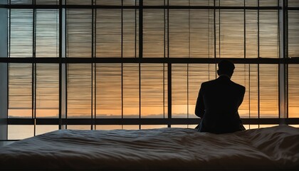 Stressed man's silhouette on bed facing window, sleep difficulties, mental disorder indication
