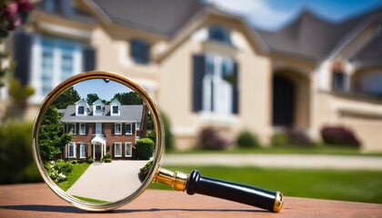 Magnifying glass focusing on residential building for house hunting in rental market
