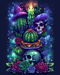 Illustration in honor of the Mexican holiday Cinco de Mayo: chili, sugar skull, taco and others. Illustrations for posters, banners, prints in honor of Mexican holidays
