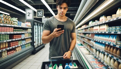 Good-looking man using phone to review shopping list while at the supermarket