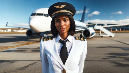 Female commercial pilot standing assuredly on runway, confident pose