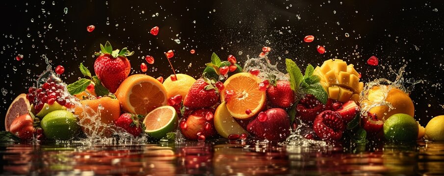 Create a captivating image showcasing a variety of fruits that symbolize earth, fire, air, and water elements