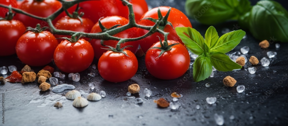 Canvas Prints Fresh red tomatoes and green basil leaves arranged on a dark black surface with a sprinkle of salt and pepper for seasoning