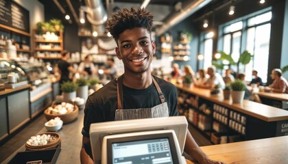 Young attractive barista serving customers at a cash register in a hip coffee shop
