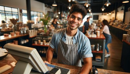 Hip coffee shop scene with young barista serving at the register
