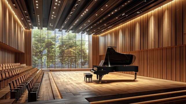 Conceptual abstract design of the interior of the concert hall and grand piano in a modern style.