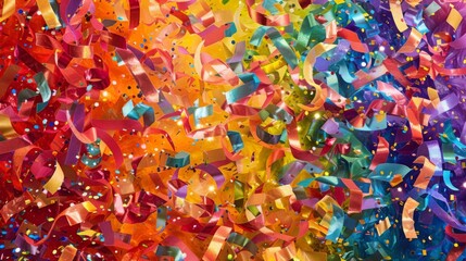 Make a statement with this bold and vibrant background of confetti and sparkling streamers in all the colors of the rainbow. - obrazy, fototapety, plakaty