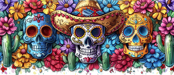 Obraz premium traditional sugar skull and other mexican holidays symbols. illustration