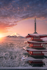Fujiyoshida, Japan Beautiful view of mountain Fuji and Chureito pagoda at sunrise of Mount Fuji...