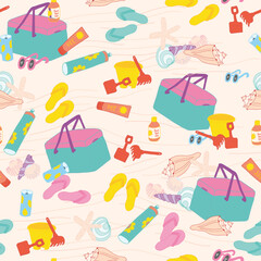 Colorful beach toys, sun oil, sunglasses and Seashells seamless pattern print background