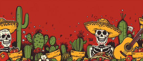 A skeleton in a national Mexican costume plays the guitar. Illustrations for posters, banners, prints in honor of Mexican holidays