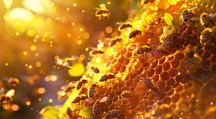 Close-up of intricate beehive with vibrant honeycombs in sunlit setting