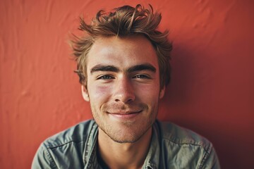 Portrait of a handsome young man with blond hair smiling at the camera - obrazy, fototapety, plakaty