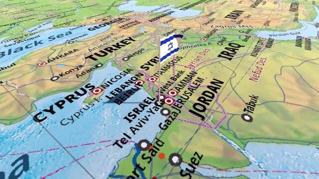 The Flag of Israel on the World Map, Animated map of Israel, Flying Flag