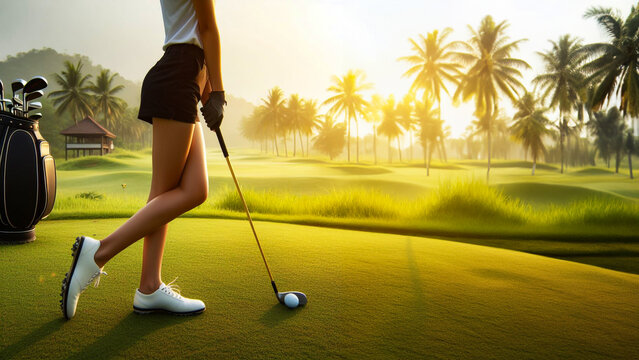 Mastery in Motion: Professional Women Golfer's Leg Aligns with the Ball, Poised for a Perfect Drive on the Green