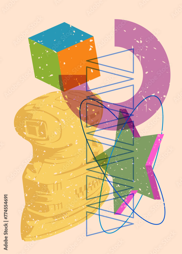Poster risograph electric sander with geometric shapes. objects in trendy riso graph print texture style de