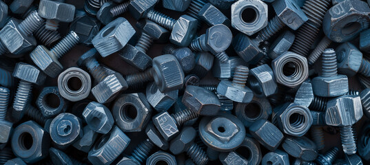 Assorted new galvanized bolts and nuts for abstract industrial pattern - obrazy, fototapety, plakaty