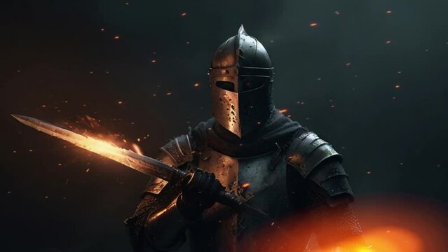medieval knight on fire sword