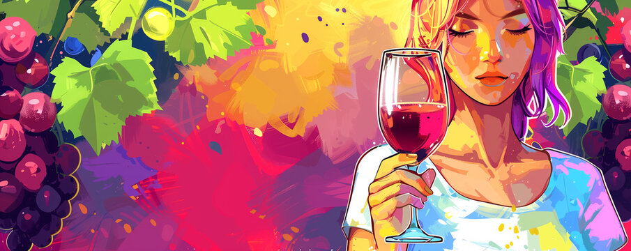 The image of the sweet life. Beautiful girl with a glass of wine. Abstract illustration made using various colors.