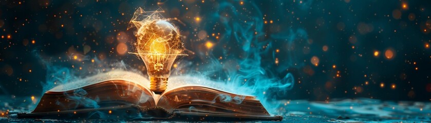 Books forming brain, light bulb of innovation, top-down, glowing edges, mystical aura, Prime Lenses