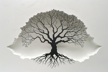 Construct a paper cut artwork of a tree, with roots and branches mirroring human veins and arteries, illustrating the concept of life's interconnectivity