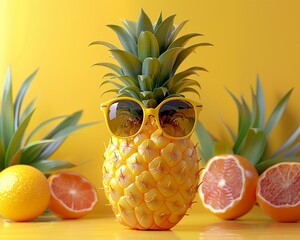 Playful Pineapple Sculpture with Sunglasses, Pop Art Style, Bright Citrus Background