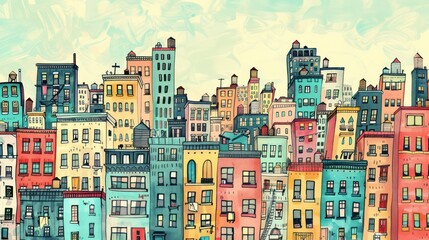 Colorful stylized illustration of urban architecture with various buildings in a crowded cityscape against a light blue sky with clouds.