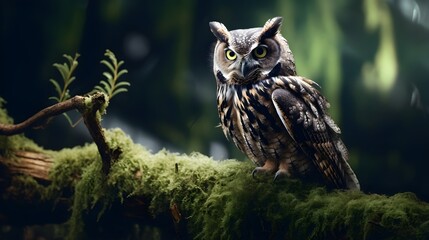 Fototapeta premium A close-up of a wise owl perched on a moss-covered branch