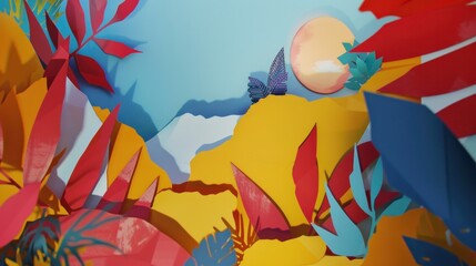 Colorful, stylized paper art depicting a vibrant, fantasy landscape with a butterfly resting on...