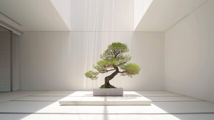 Fototapeta premium A lone bonsai tree centered in a minimalist, sunlit room with white walls, exuding tranquility and simplicity.
