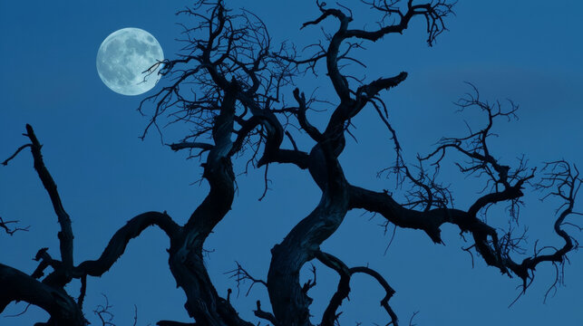 The gnarled branches of a barren tree reach out towards the moon silhouetted against the night sky in a hauntingly beautiful way. . .