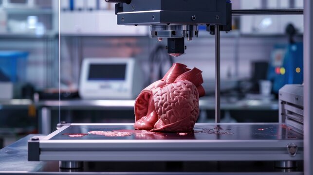 3D printer creating a realistic human heart model in a laboratory setting for educational or medical prototyping purposes.