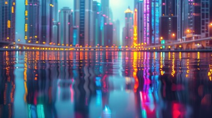 Naklejka premium Glowing skyscrapers at dusk reflecting in calm waters, showcasing a vibrant cityscape's transition from day to night.