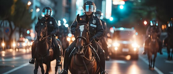 Taiwanese Police Officers on Horseback: Ready to Protect and Patrol the City Streets. Concept Taiwanese Police Officers, Horseback, Protecting Streets, Patrol, City Security - obrazy, fototapety, plakaty