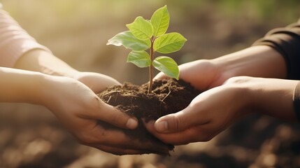 A pair of hands holding a sapling in a reforested area